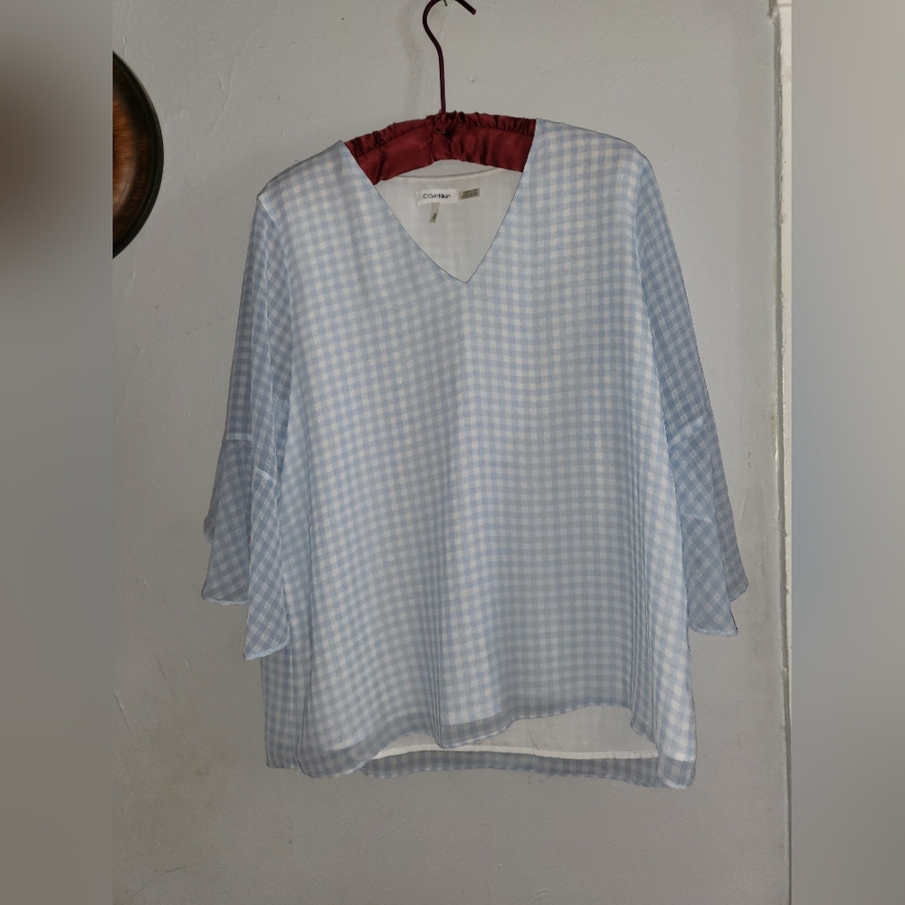 Calvin Klein Essential Flare Sleeve Gingham Blouse